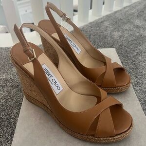 Jimmy Choo Carmel Brown Leather Wedge Sandals